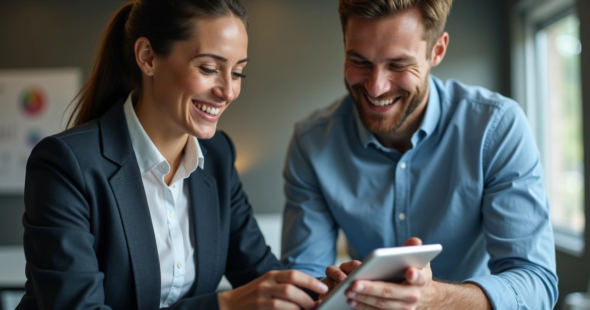 Funcionário mostrando aplicativo em tablet para cliente sorridente 