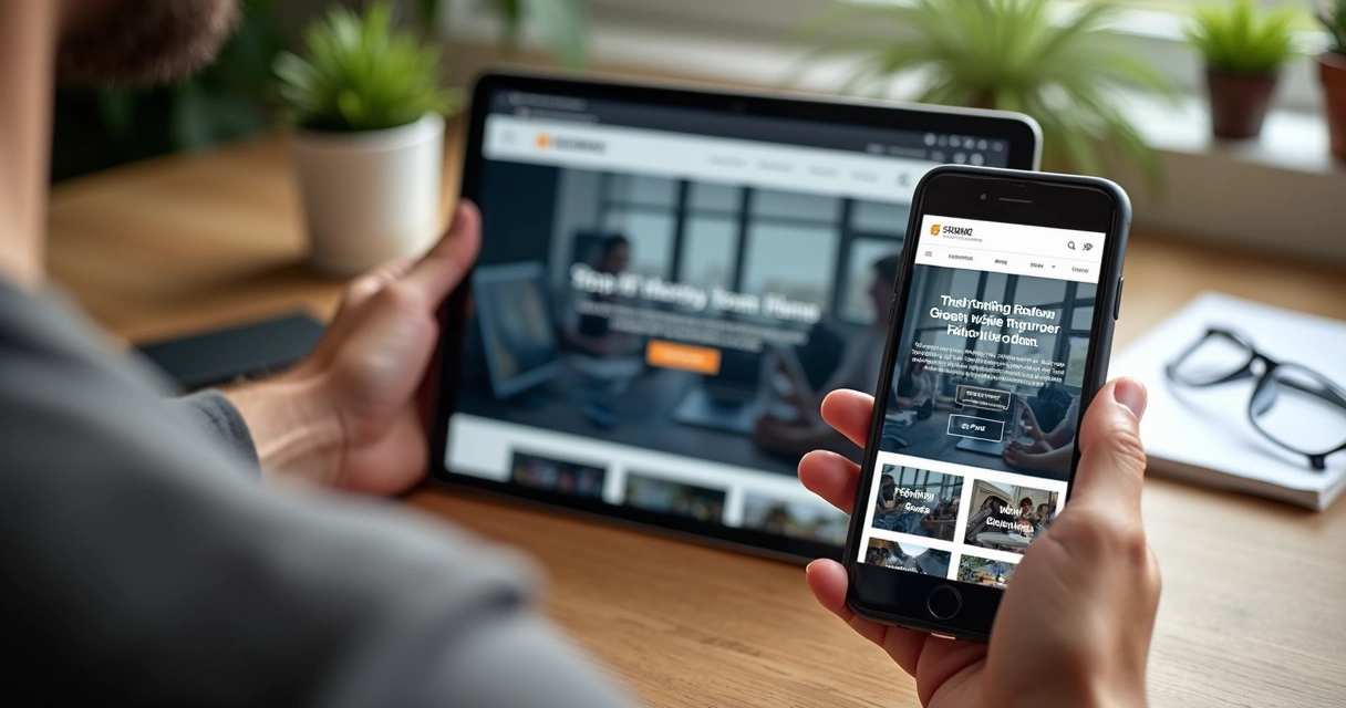 Usuário navegando em site responsivo no tablet e smartphone 