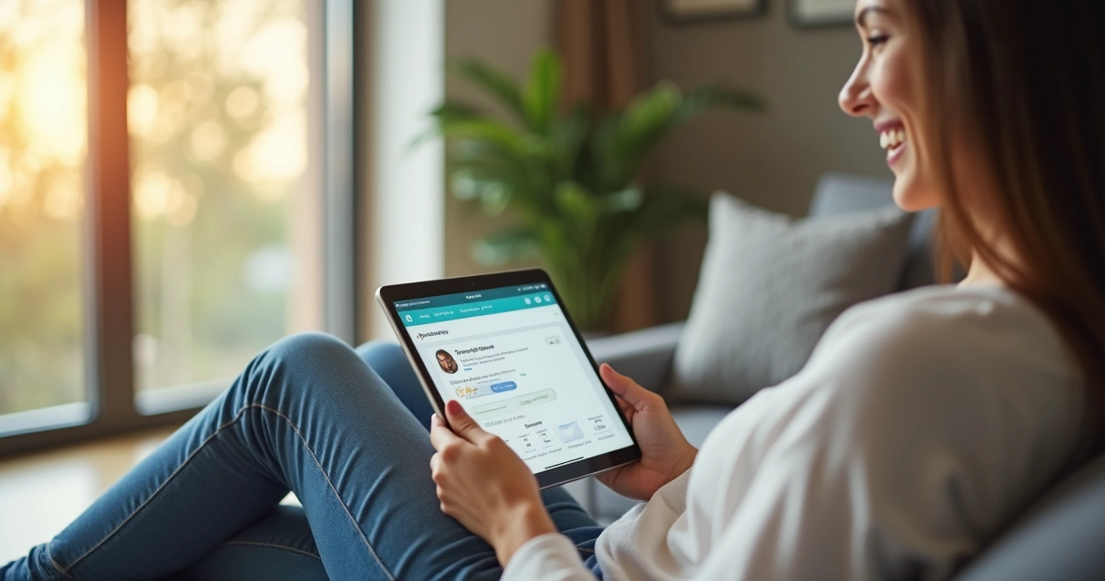 Usuário satisfeito navegando em plataforma de bem-estar digital com interface intuitiva 