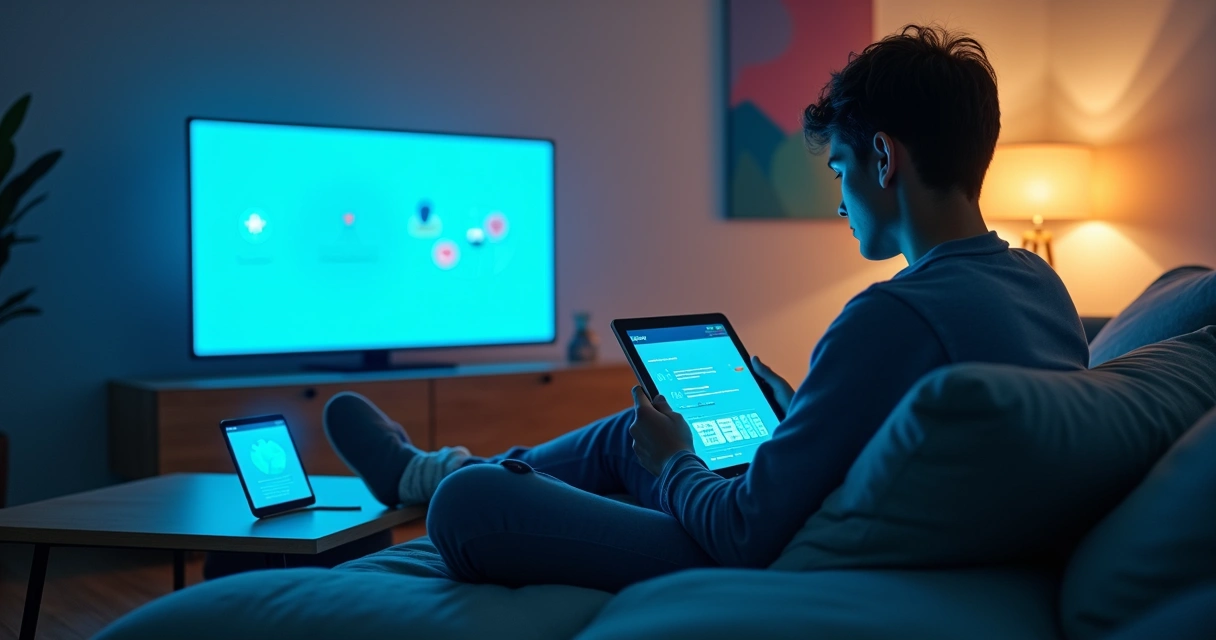 Usuário em sofá interage com vários dispositivos mostrando o mesmo site responsivo 