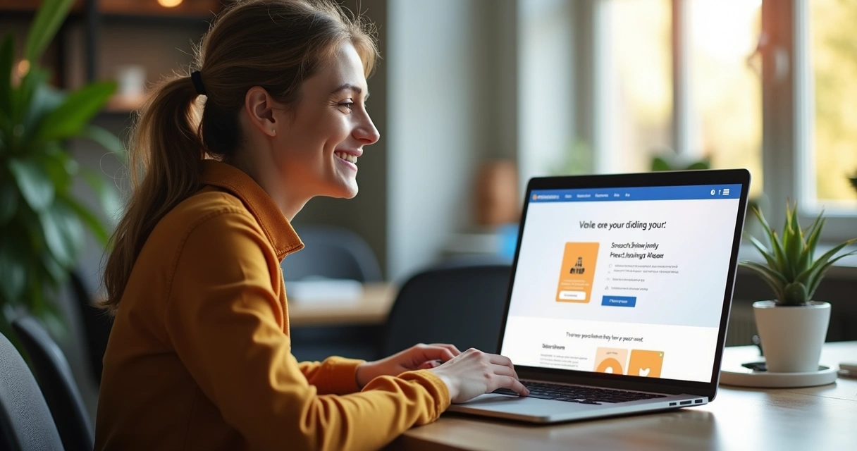 Usuário interagindo com landing page funcional em notebook e sorrindo. 
