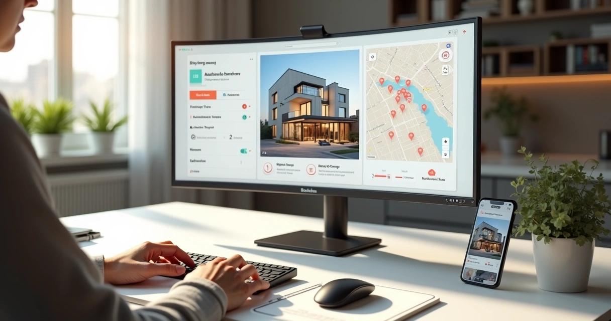 Pessoa navega em site imobiliário futurista com interface limpa e interativa 