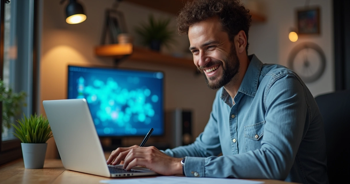 Homem satisfeito usa site no notebook, ilustra melhoria de experiência