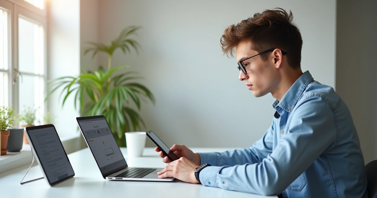 Usuário com diferentes telas de site em dispositivos variados 