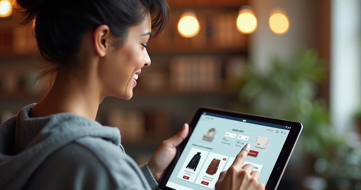 Pessoa navegando com satisfação em loja virtual no tablet 
