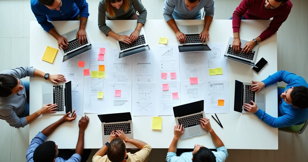 Equipe de designers colaborando em mesa branca discutindo projeto UX 