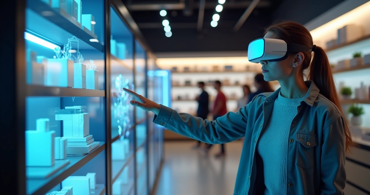 Cliente testa óculos de realidade aumentada em loja moderna 