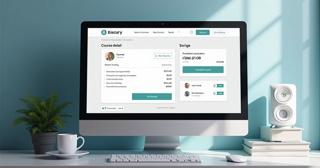 Visualização de checkout de curso online em desktop com destaque para segurança e facilidade. 