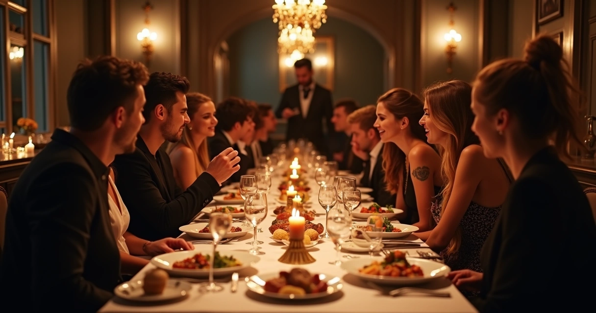Grupo elegante em jantar exclusivo antes de grande show