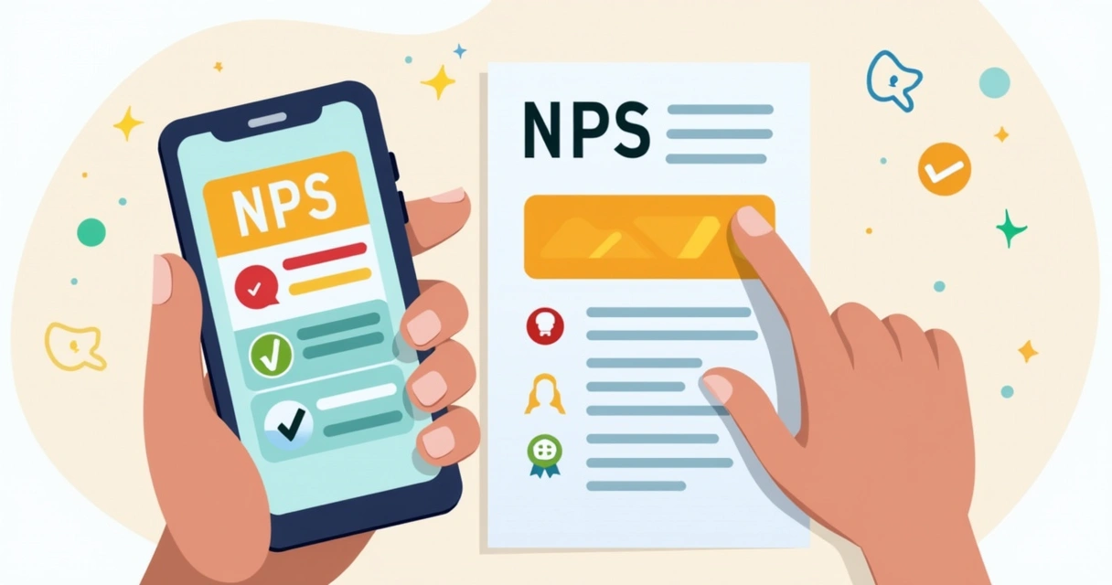 Tela de pesquisa NPS colorida em smartphone e formulário impresso ao lado de mãos de pessoas jovens e idosas