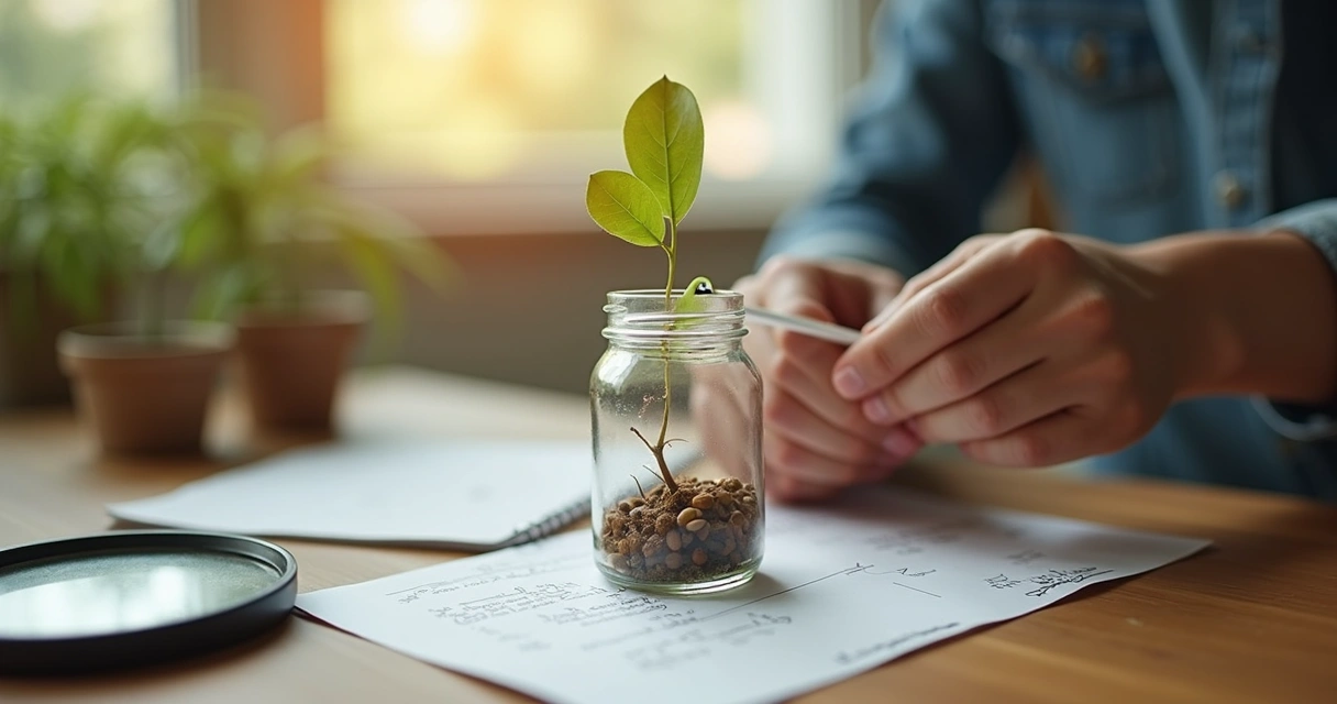 Pessoa realizando experimento simples de germinação de feijão em pote de vidro em mesa 
