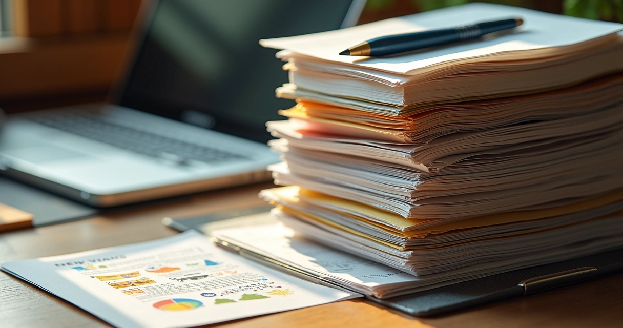 Vários documentos de diferentes tipos sobrepostos, representando diferentes currículos ou trajetórias profissionais. 