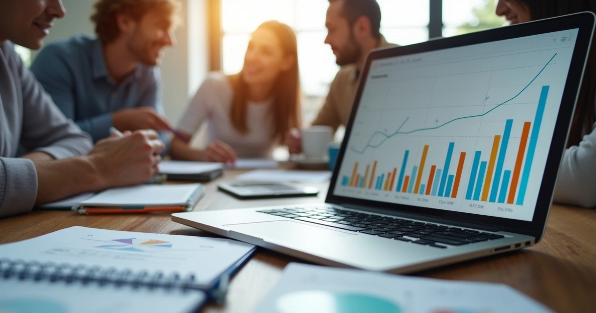 Mesa de trabalho com laptop, notebook e gráficos de crescimento exibidos na tela, equipe analisando dados para experimentação em growth 