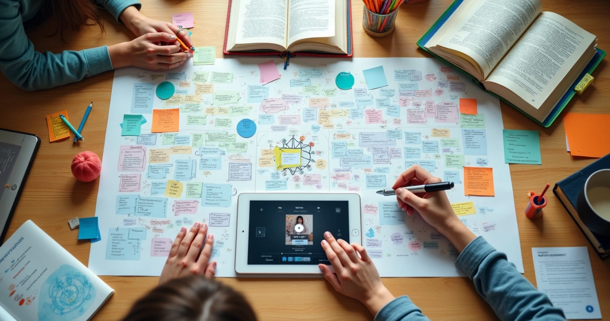 Pessoa testando diferentes técnicas de estudo em uma mesa cheia de materiais