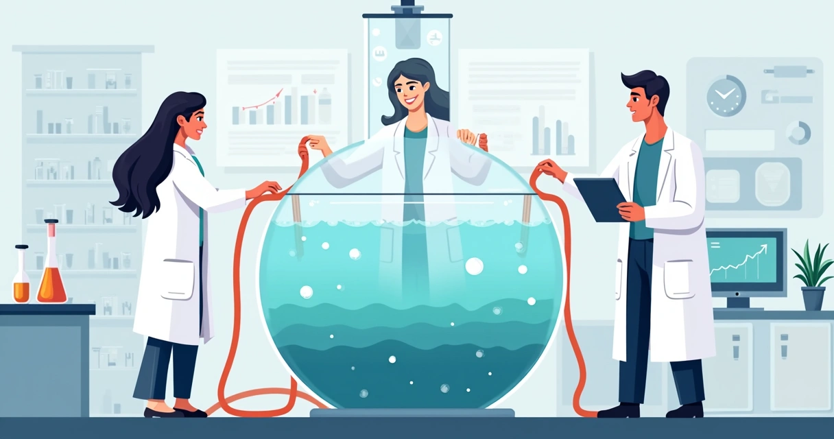 Cientistas trabalhando em um tanque grande com sedimentos em laboratório. 