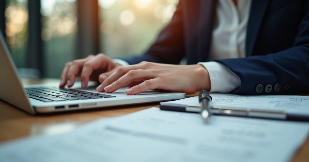 Professional drafting an expert opinion letter at a laptop