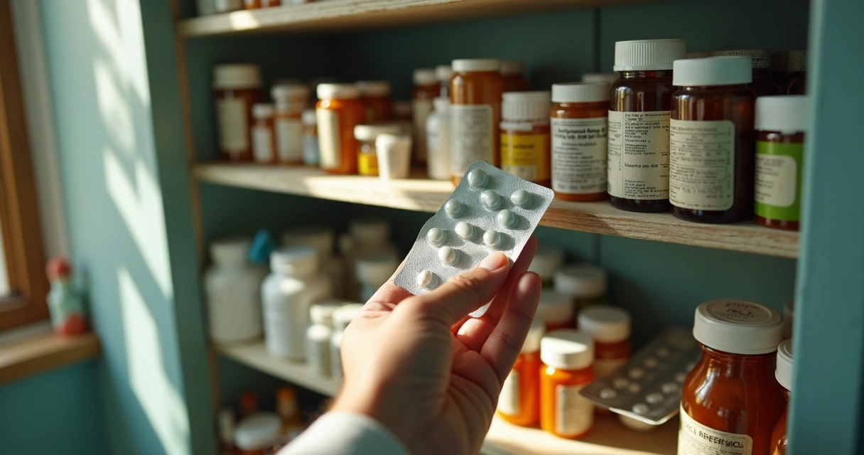 Expired medicine bottles and pill boxes in a household cabinet 