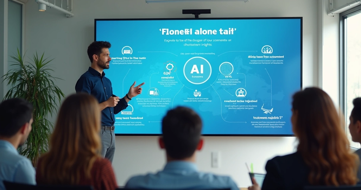 Apresentação mostrando benefícios da IA em painel digital