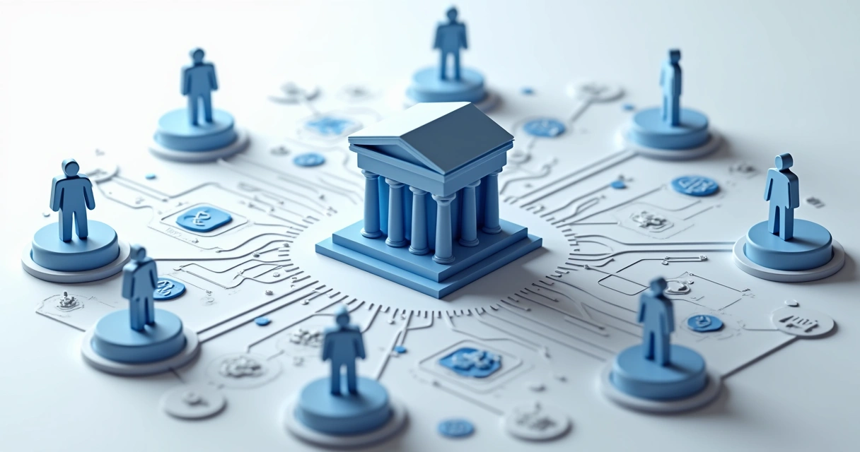 Gráfico ilustrativo mostrando estrutura de contas bolsão, com várias pessoas conectadas a uma única conta bancária, elementos bancários em fundo claro 