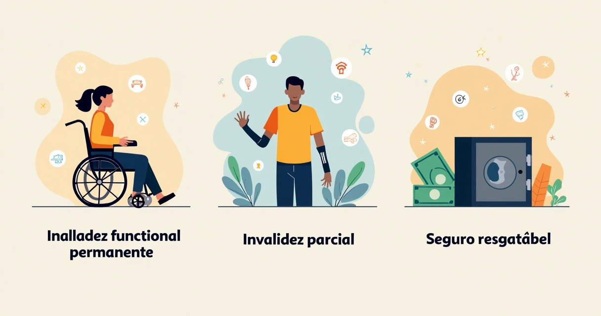 Ilustração mostrando as diferenças entre invalidez funcional total, parcial e seguro resgatável, com cores distintas 