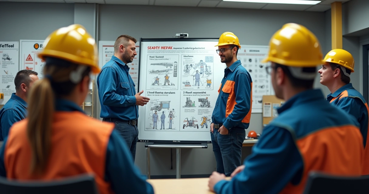 Instrutor explicando norma de segurança a funcionários com quadro ilustrativo ao fundo 
