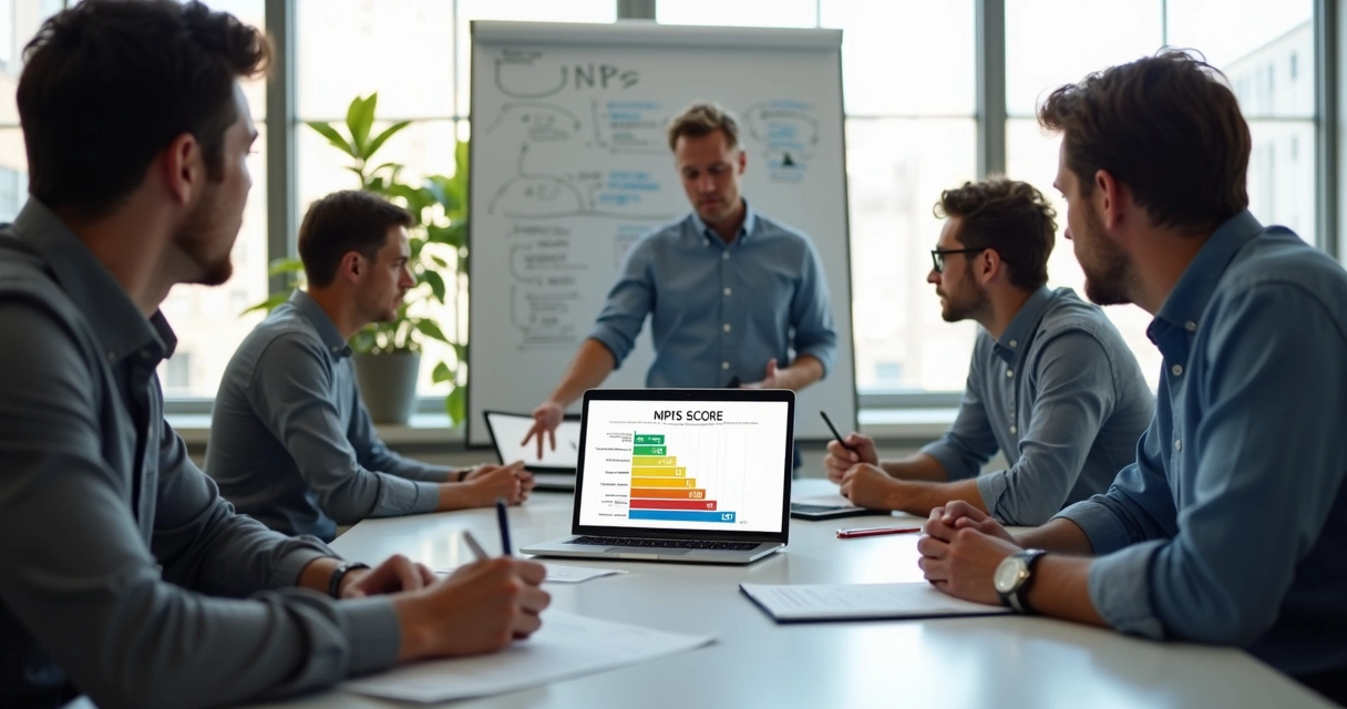 Equipe reunida em sala de reunião analisando gráfico de NPS em um notebook. 