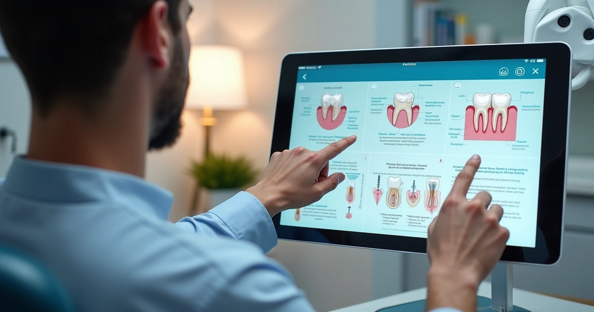 Dentista mostrando infográfico digital de procedimentos odontológicos para paciente