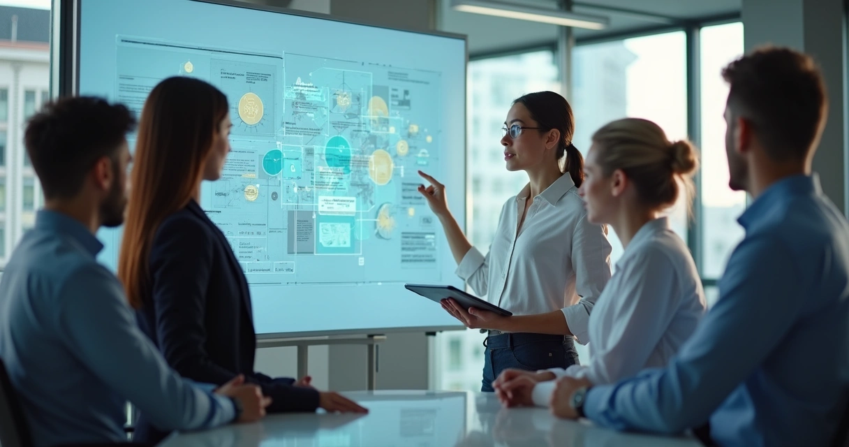 Pessoa explicando conceito técnico para grupo atento em escritório 