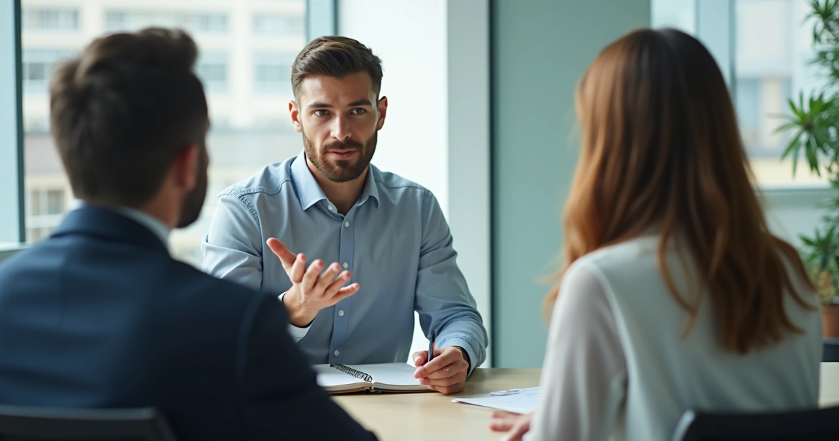 Pessoa explicando uma resposta em inglês para um recrutador durante entrevista