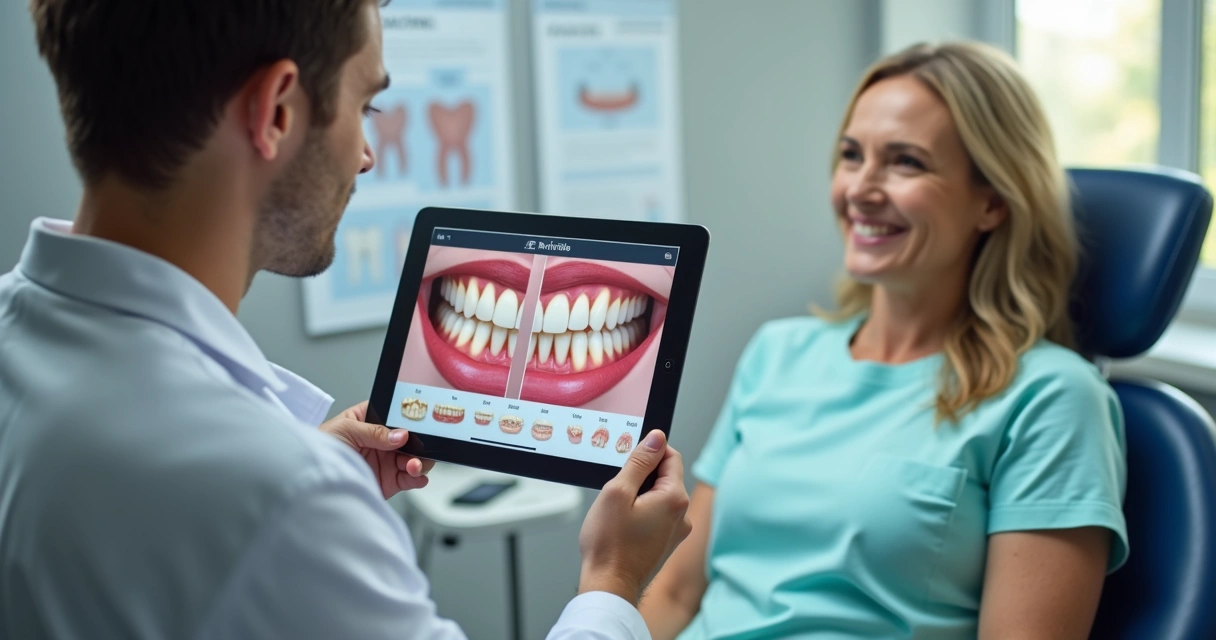 Dentista explicando tratamento a paciente em consultório 