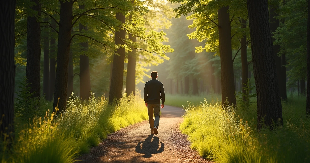 Person exploring a path with trees and sunlight, hint of curiosity, fresh surroundings 