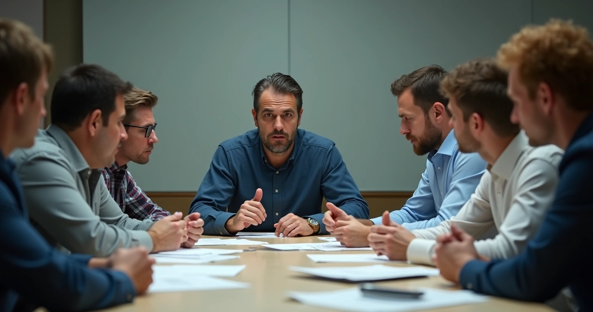Homens e mulheres demonstrando emoções fortes em uma sala de reunião 