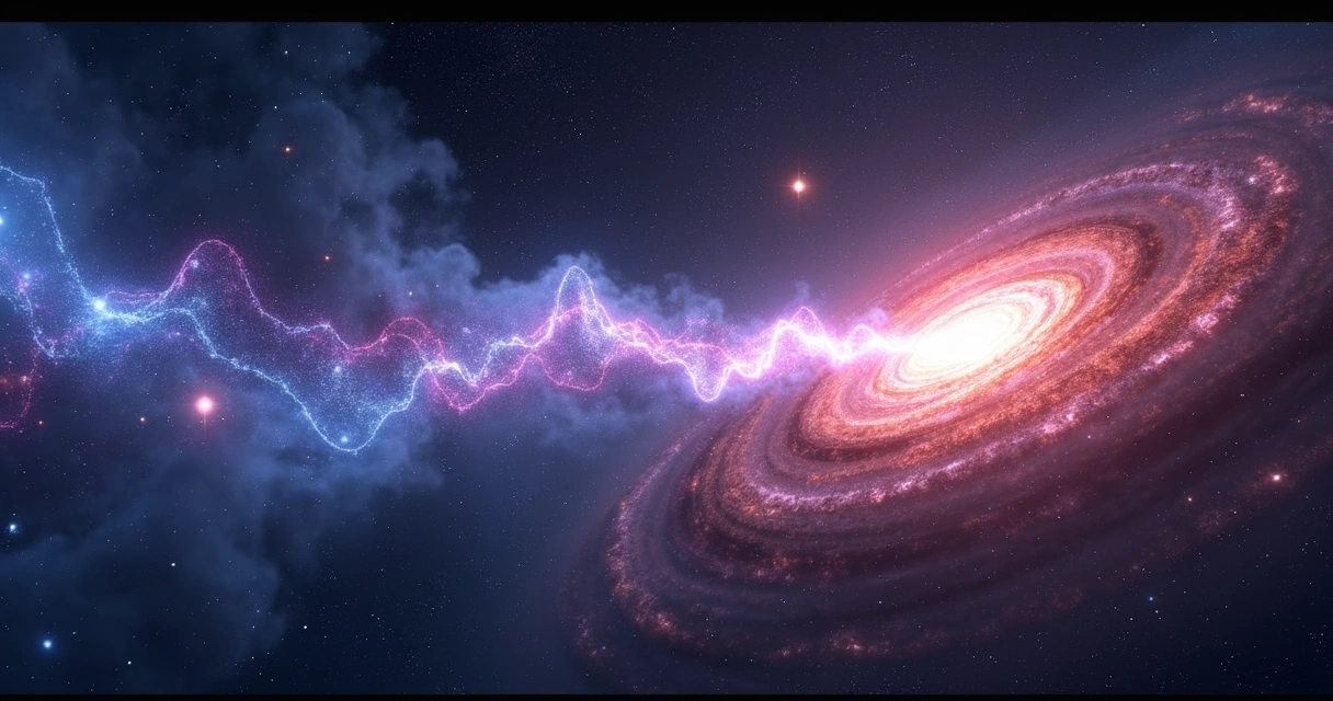 Explosão rápida de rádio intensa com galáxia ao fundo e ondas de rádio coloridas ao redor 