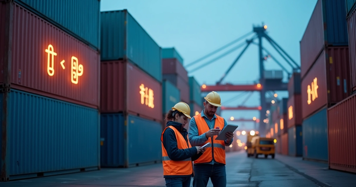 Refrigerated containers stacked at port with IoT sensors highlighted on sides