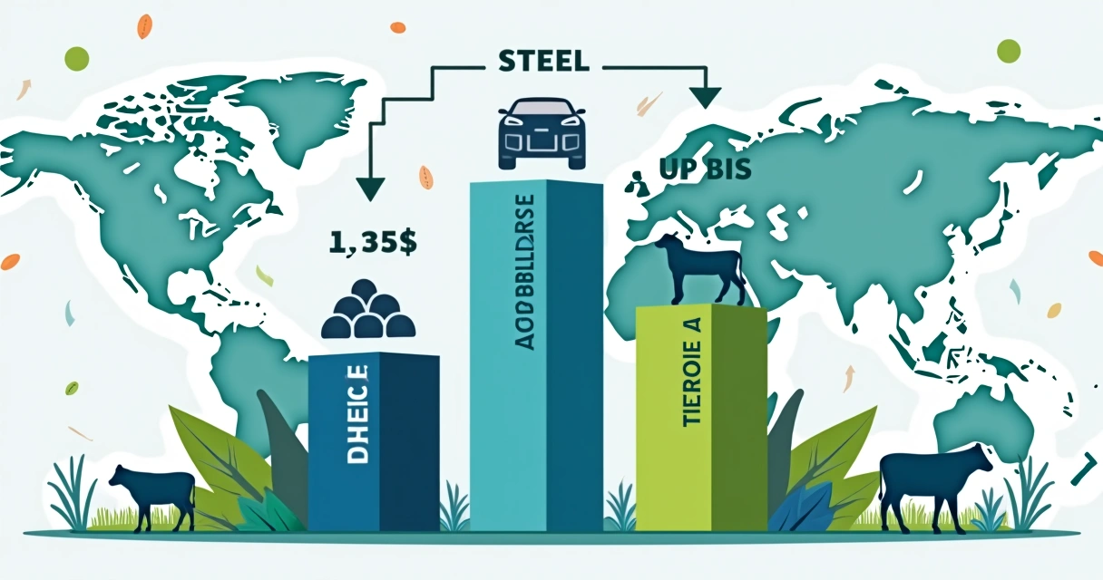Gráfico mostrando exportações do Brasil para os EUA em barras de diferentes cores, ilustrando aço, autopeças e agronegócio 