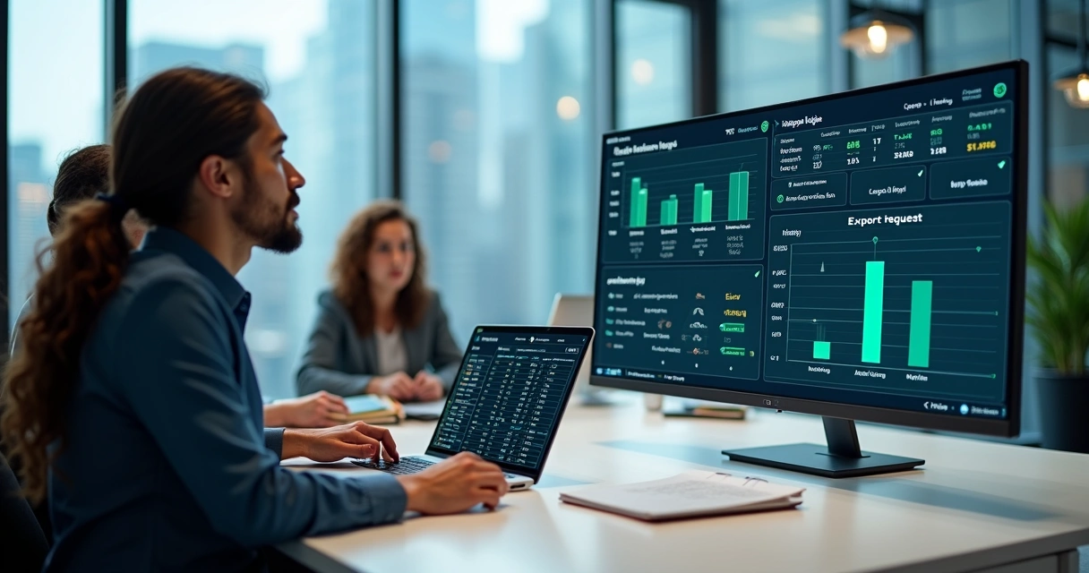 Equipe financeira analisando painel com automação de exportação de dados 