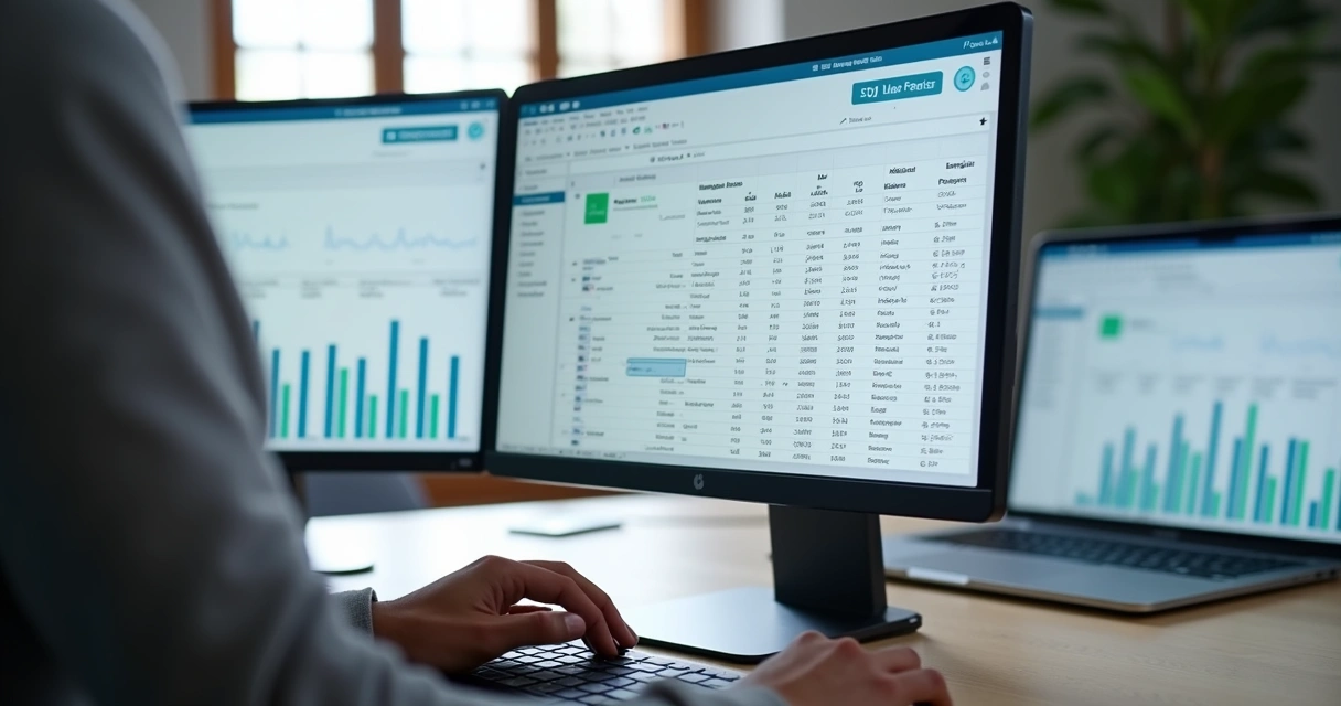 Profissional exportando dados financeiros em painel Omie para planilha Excel em tela dupla 