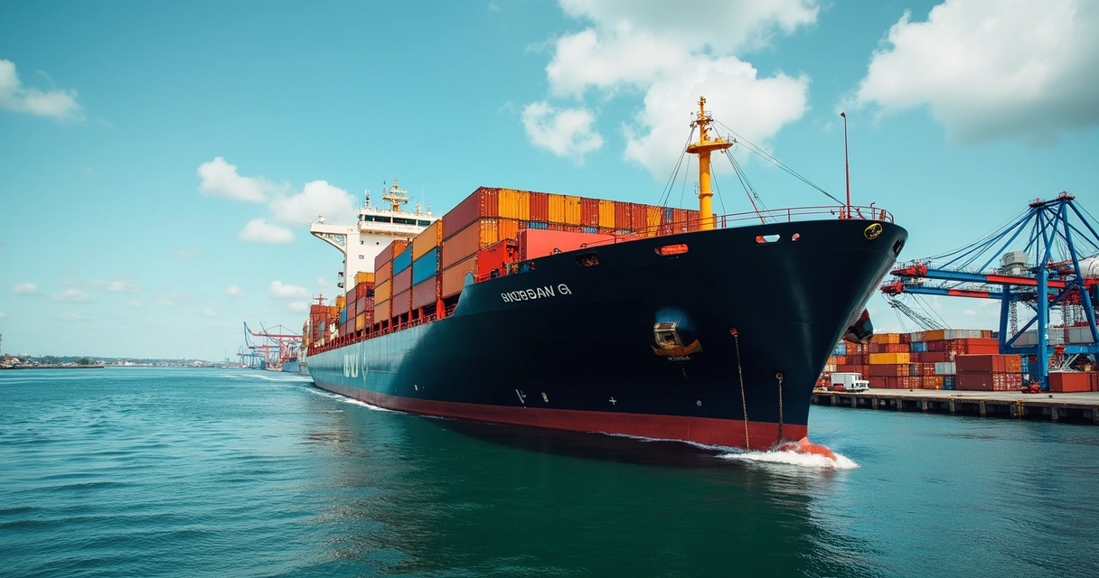 Navio cargueiro em porto brasileiro, containers sendo carregados, trabalhadores em atividade 