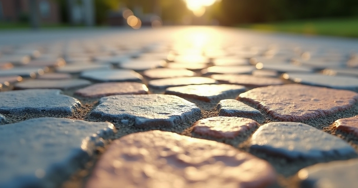 Close-up of exposed aggregate concrete surface in sunlight 