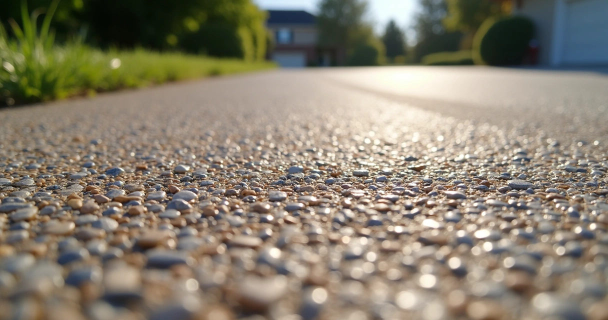 Close-up of exposed aggregate concrete driveway surface. 