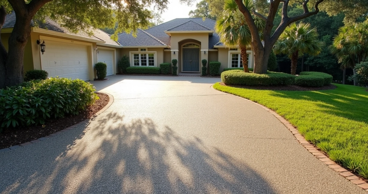 Exposed aggregate concrete driveway with shade trees in Central Florida