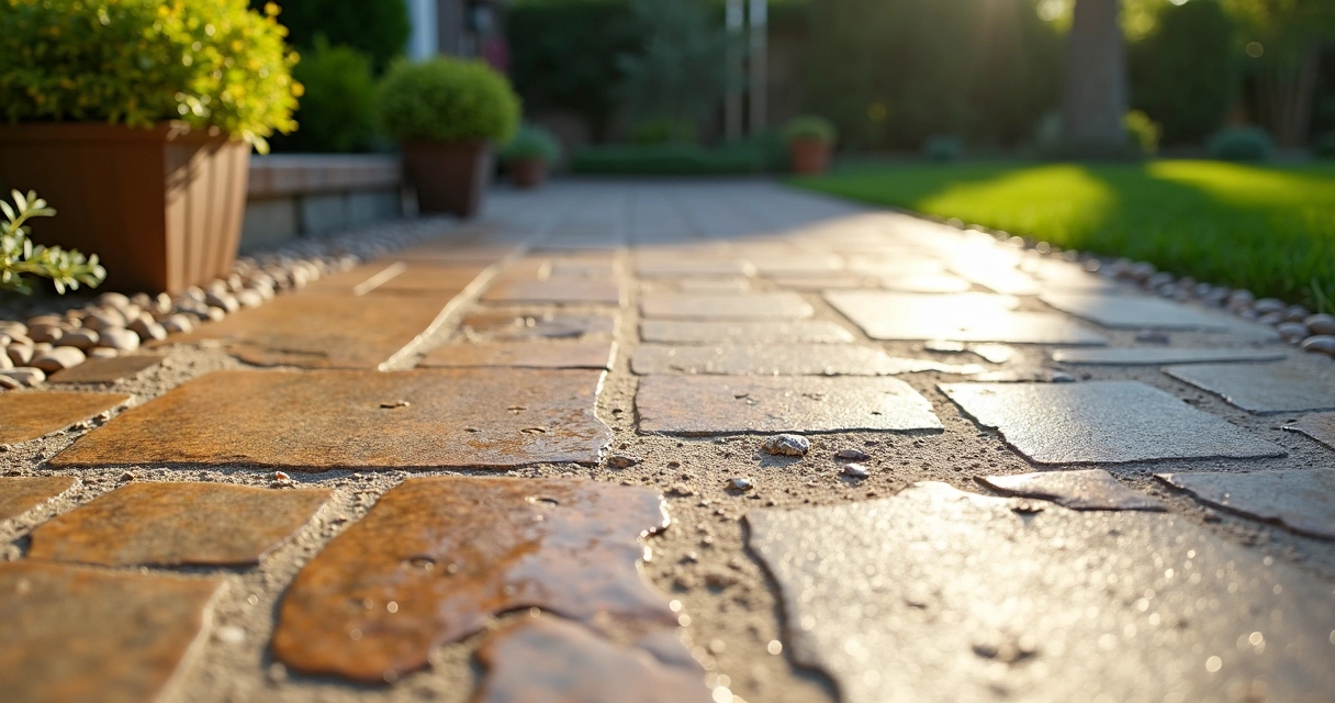 Exposed aggregate concrete patio close-up 