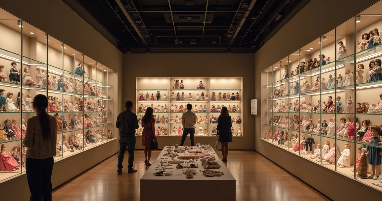 Coleção de bonecas vintage e contemporâneas organizadas em prateleiras de vidro, exposição ao fundo
