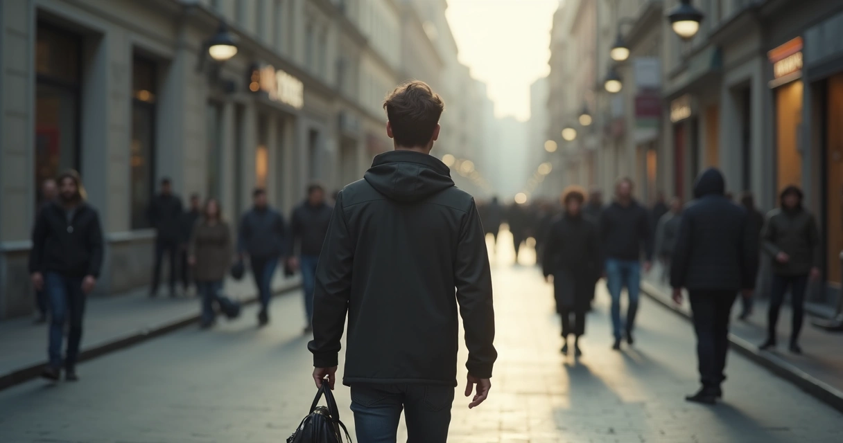 Pessoa caminhando sozinha por uma rua tranquila, olhares atentos de poucas pessoas ao redor 