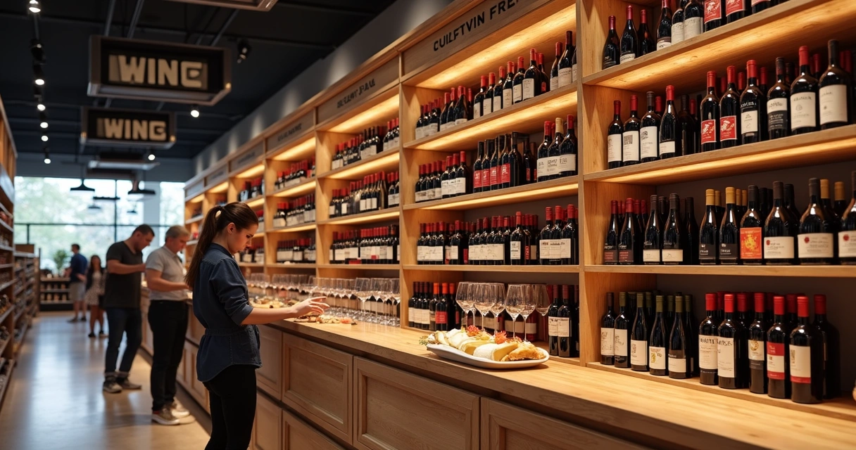 Prateleira de vinhos com destaque e degustação em loja 