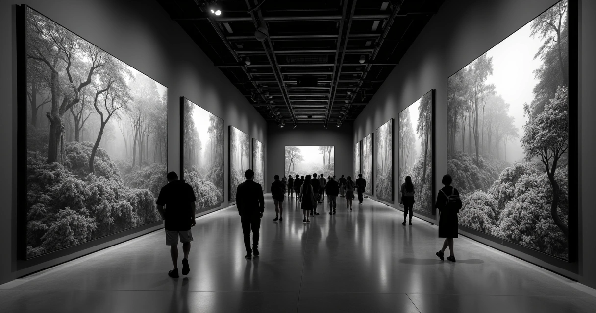 Visitantes em exposição de fotografia da Amazônia com painéis grandes