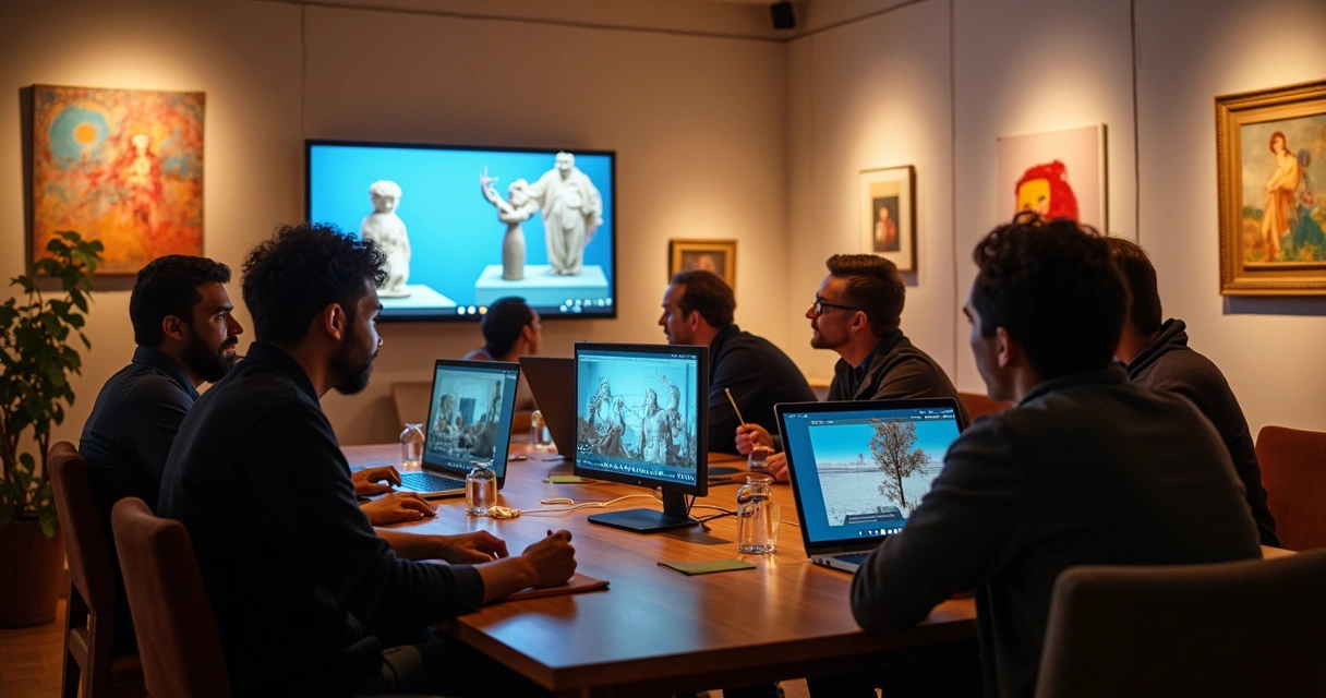 Participantes observando galeria de arte virtual em computadores 