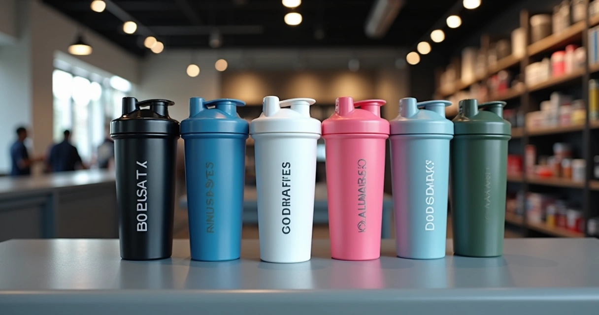 Expositor com coqueteleiras e garrafas fitness personalizadas 