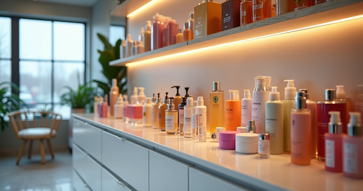 Expositor de cosméticos bem organizado no salão 