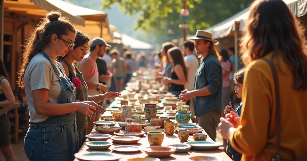Expositor de cerâmica em feira, peças artesanais, público observando. 